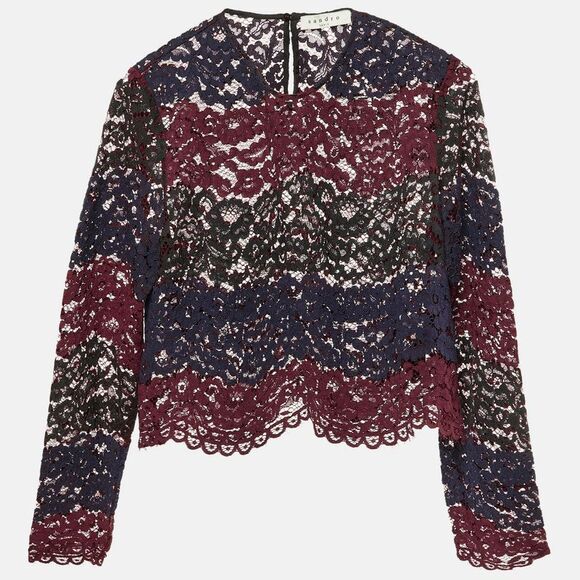 Sandro Maroon Floral Lace Scalloped Crop Top M - Picture 1 of 5